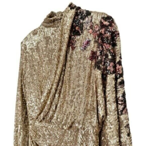 Redemption Runway Gold Sequin Draped Floral Turtleneck Mini Dress Size L - Picture 5 of 16